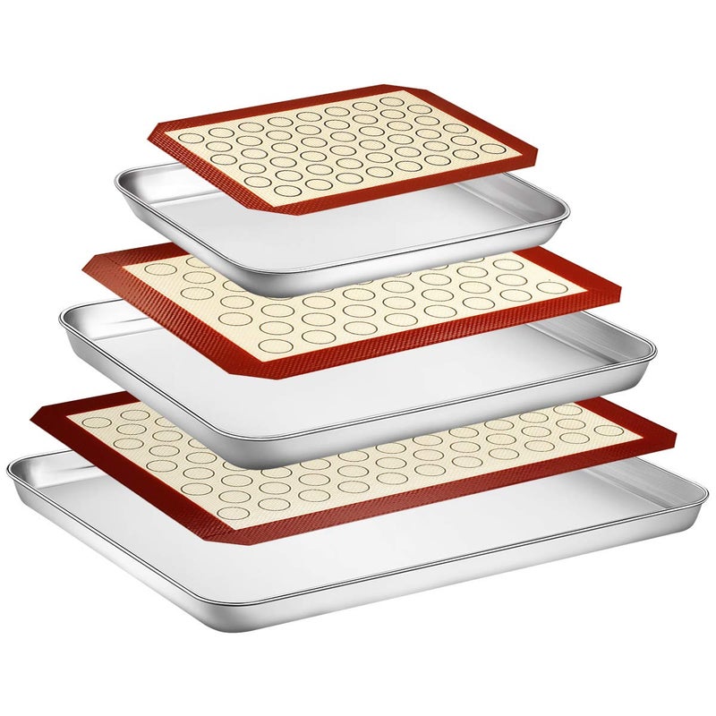 Wildone Baking Sheet with Silicone Mat Set, Set of 6 (3 Sheets + 3 Mats), Stainless Steel Cookie Sheet Baking Pan with Silicone Mat, Non Toxic & Heavy Duty & Easy Clean - Image 1